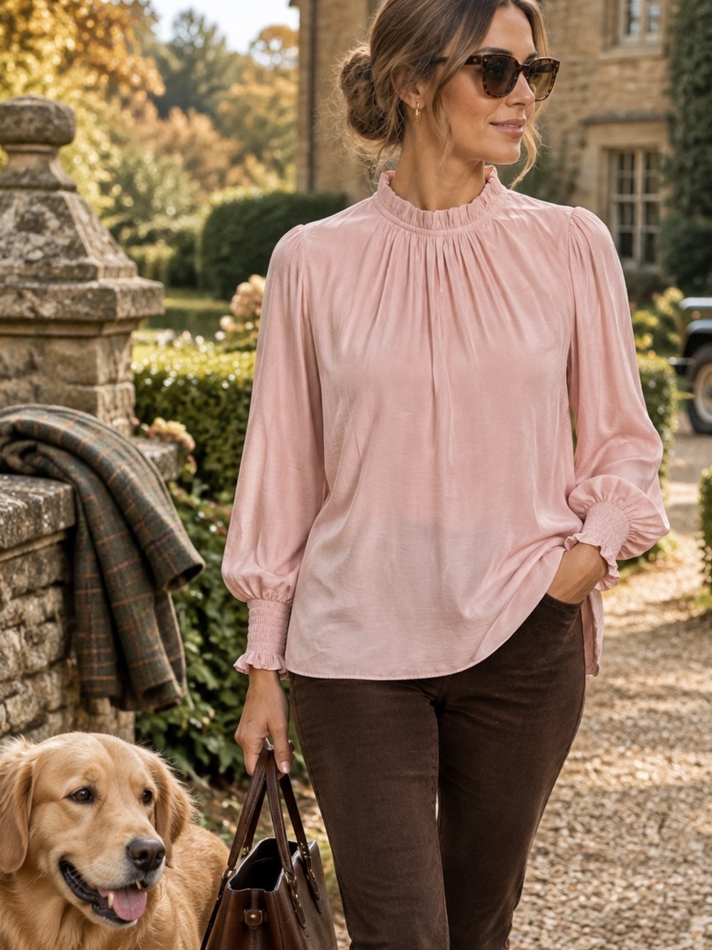 MAISON D'AMELIE Blush Pink Quiet Luxury Ruffled Neck and Cuffs Blouse, M